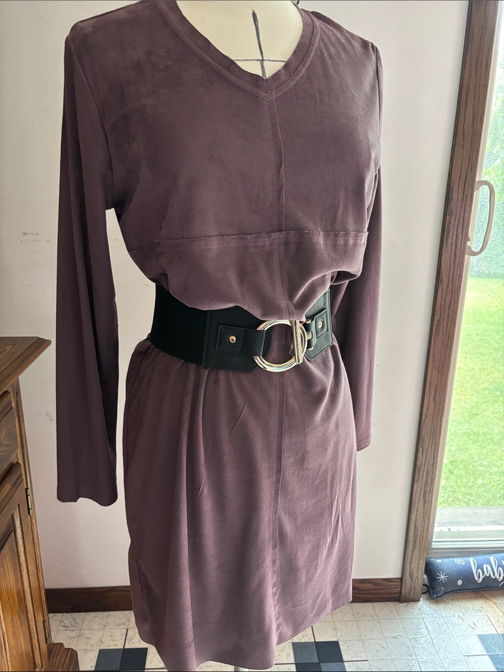 Long Sleeve V-Neck Midi Dress in Mauve. Belt NOT included.